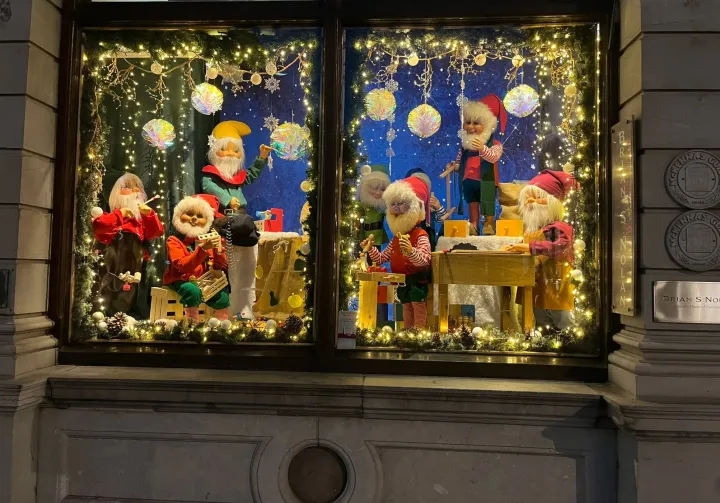 christmas shop window with elves 