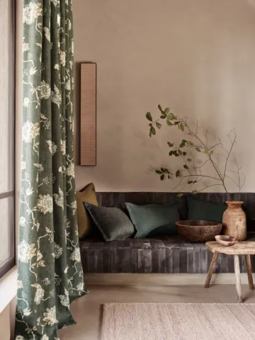 Mark Alexander - Java dark green flower pattern curtains rustic brown room
