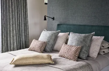Mark Alexander - Woodblock bedroom cushions, throw, bed post, curtains
