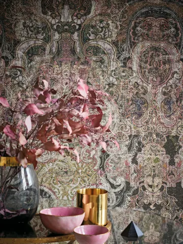 Herbaria Wallpaper Filigree Brown Gold Pink