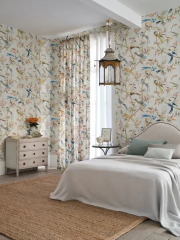 Pluma bedroom wallpaper curtains birds