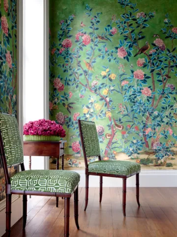 Thibaut Wallpaper Chairs Grand Palace Jardin Bloom Green Labyrinth Velvet Emerald