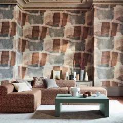Muoto Livingroom Copper Boucle Sofa Big Pattern Cubist Wallpaper